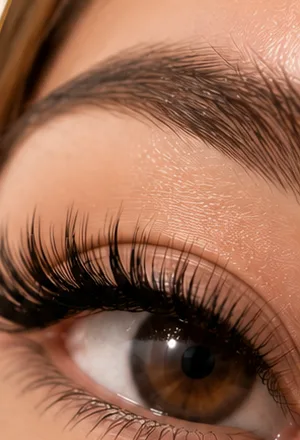 Freshly laminated and tinted brows, close up