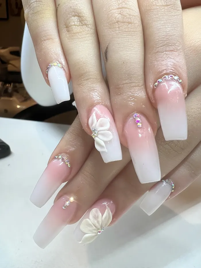 Pink ombre coffin nails with 3D flowers